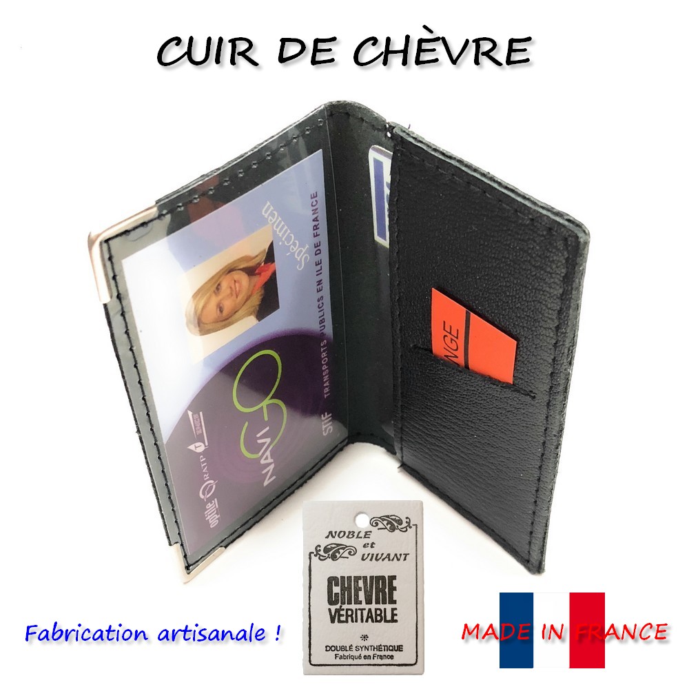 Porte carte/navigo en cuir véritable noir