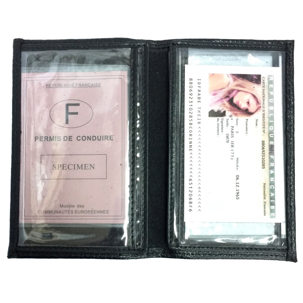 Porte papiers voiture carte grise, permis, identité, assurance, 4 volets  opaques en cuir / étui RFID