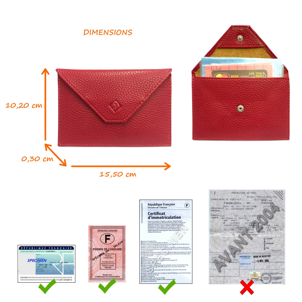 Pochette format enveloppe pour papiers voiture, carte grise, permis  conduire tout en cuir plusieurs couleur / étui