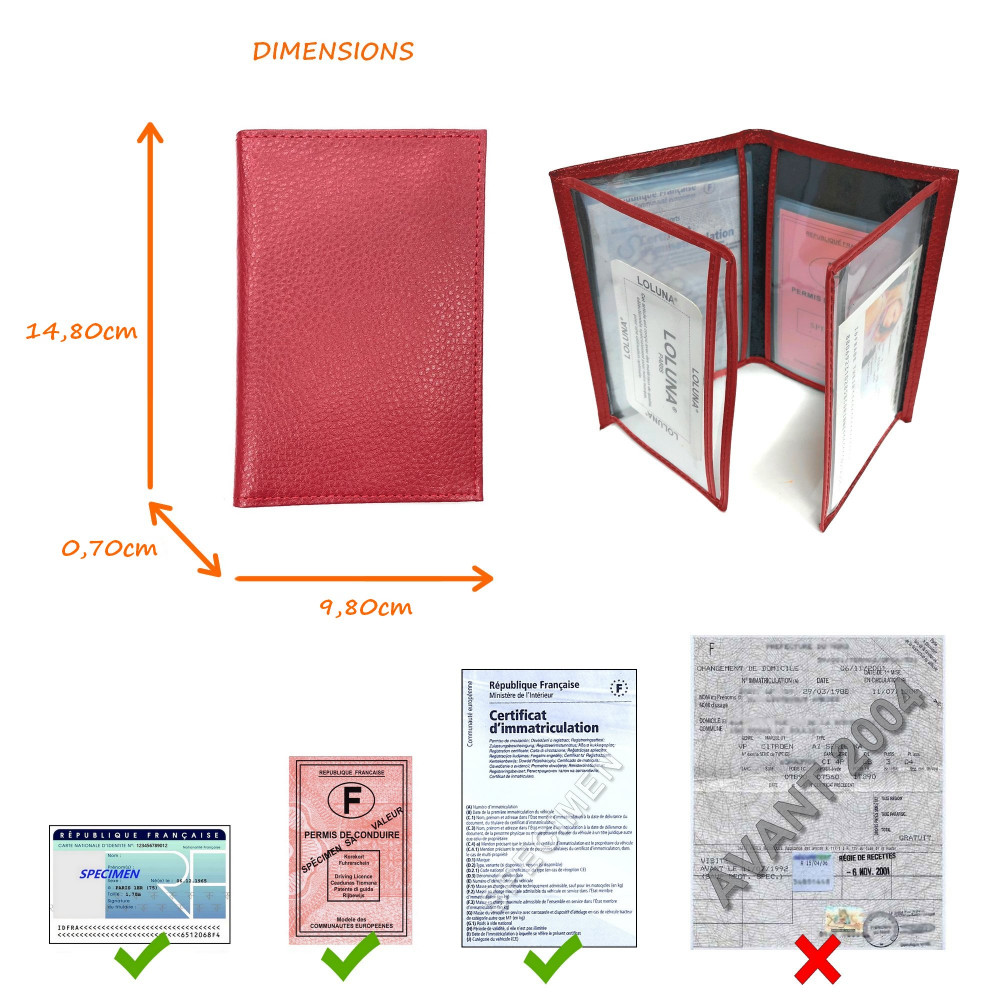 Etui carte grise, papiers voiture cuir 4 volets (rouge) – Lilosac