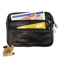 Porte monnaie cuir véritable compact 3 fermetures, passant ceinture, pour petit portefeuille, carte identité, crédit, permis, homme et femme