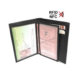 Petit portefeuille Cuir Véritable RFID-NFC, compact 2 volets permis, identité, carte, billet, monnaie - Idée cadeau