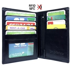 Grand portefeuille homme cuir véritable RFID-NFC 3 volets pour carte grise, permis, identité, cartes, billet et monnaie