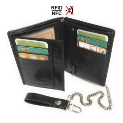 Portefeuille biker homme cuir véritable RFID-NFC avec chaîne en métal, pour cartes, permis, identité, billet et monnaie