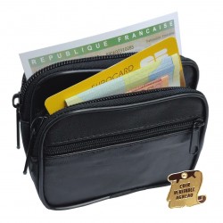 Petit Porte monnaie cuir véritable double compartiments en étage, 3 fermetures, format carte identité avec passant ceinture, pour homme et femme