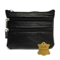 Porte-monnaie format carré compact plat 3 zip - Clé - Carte crédit - Billet - en cuir résistant souple