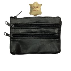 Porte-monnaie plat en cuir souple - 4 fermetures - compact - pour poches pantalon, veste ou pochette (Noir)